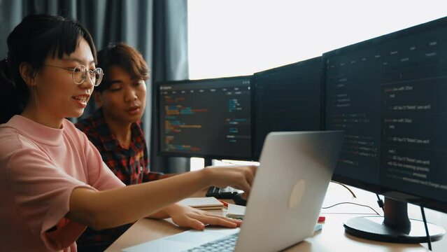 Back end software developer engineer for computer programming working together on debugging writing computing code, solving complex algorithms display on monitor in office. Burgeoning