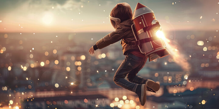 Young child wearing a rocket pack flying over the city