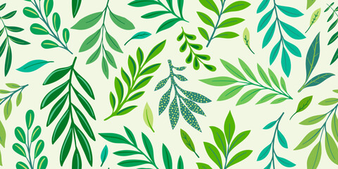 Abstract art green colors tropical line art leaves background vector. Seamless pattern. Wallpaper design with leaves shapes and scribble doodle linear leaf. vintage botanical floral pattern.