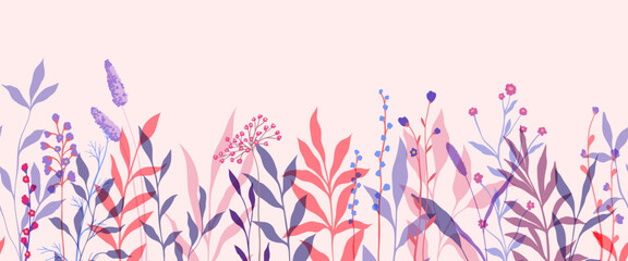 Seamless horizontal border, abstract art with summer meadow plants, wild flowers, leaves branch and Hand Drawn doodle Scribble floral plants. Design for wall decoration, postcard, poster or brochure © Hulinska Yevheniia