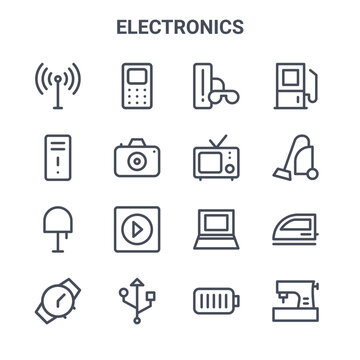 set of 16 electronics concept vector line icons. 64x64 thin stroke icons such as phone, cpu, vacuum cleaner, laptop, data cable, sewing machine, battery, tv monitor, petrol station