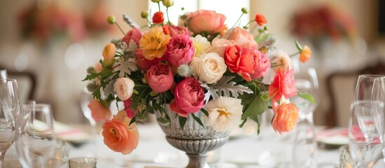 Beautiful assorted flowers in a decorative vase on a wooden table in a cozy home interior