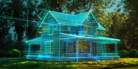 Smart home concept with residential house exterior highlighted and outlined with neon wireframe. Outdoors in the neighborhood.