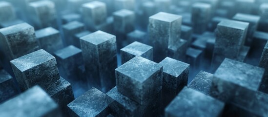 Abstract geometric composition of cubes in various sizes on blue background, modern 3D rendering concept - obrazy, fototapety, plakaty