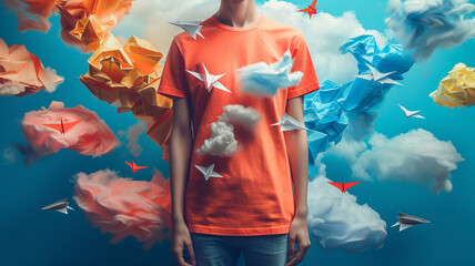 Whimsical paper airplanes soaring through a sky filled with origami clouds, a playful and imaginative design for a shirt. - obrazy, fototapety, plakaty