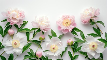 beautiful pink and white blooming peonies with green leaves on a white background