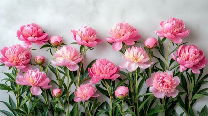 Obraz premium beautiful pink blooming peonies with green leaves on a gray background