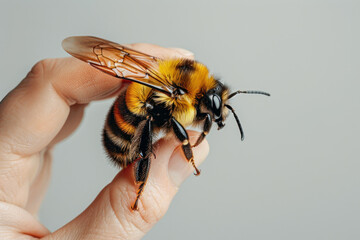 Hand holding bee isolated on gray background, animal and food - obrazy, fototapety, plakaty