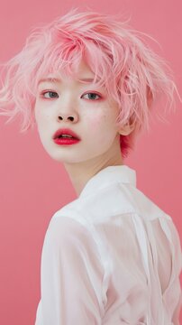 Imagine a fashion shoot with a Japanese model her short pink hair a statement of super cute trend setting style