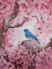Imagine an award winning piece blending surrealism with the theme of pink love a solitary blue bird at its heart contrasting yet belonging