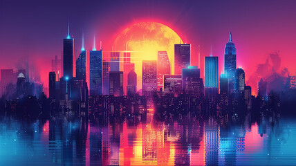 An abstract city skyline at night, illuminated with neon lights and vibrant colors, creating a...