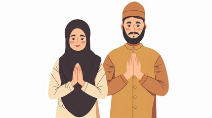 illustration of a husband and wife wearing Muslim clothing with their hands folded forward while apologizing and wishing them a happy fast. - obrazy, fototapety, plakaty