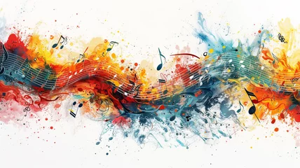 Foto op Canvas An abstract fusion of music notes and vibrant splashes of color, creating a visually dynamic and energetic design perfect for a music-themed t-shirt. © memoona