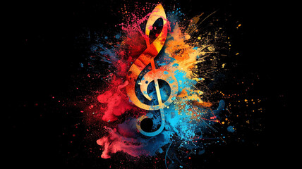 An abstract fusion of music notes and vibrant splashes of color, creating a visually dynamic and...