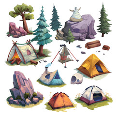 Camping illustration with a tent nestled among mountains and trees, perfect for travel icons, logos, or holiday designs