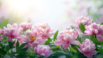 Naklejka na ściany i meble beautiful pink blooming peonies with green leaves on a bokeh background with copy space.