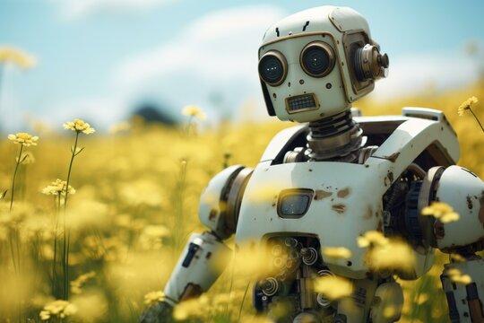 Robot spring field. Agriculture summer. Generate Ai