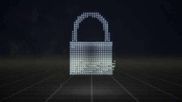 Animation of digital padlock icon and data processing over grid background