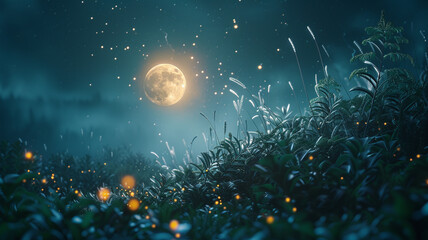 Delicate fireflies illuminating a moonlit meadow, a magical and enchanting scene captured on fabric. - obrazy, fototapety, plakaty
