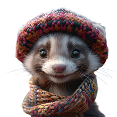 A cute 3D cartoon rendering of a smiling ferret with a colorful beret.
