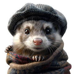 A stylish 3D cartoon illustration of a ferret with a fashionable beret posing for a picture.