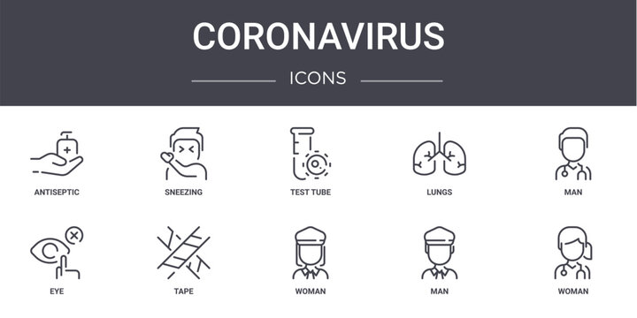 coronavirus concept line icons set. contains icons usable for web, logo, ui/ux such as sneezing, lungs, eye, woman, man, woman, man, test tube