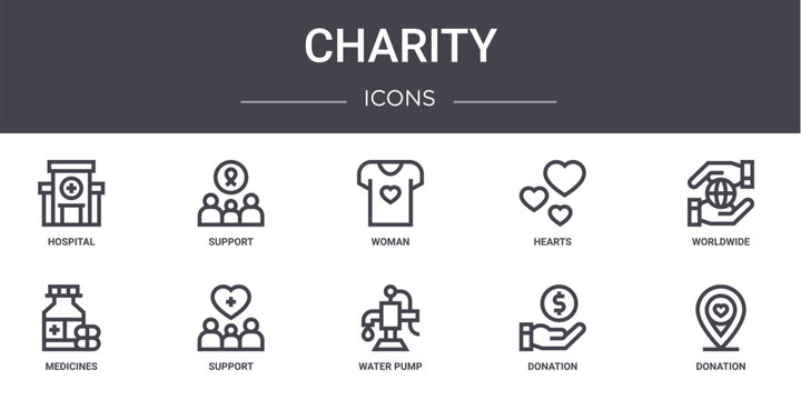 charity concept line icons set. contains icons usable for web, logo, ui/ux such as support, hearts, medicines, water pump, donation, donation, worldwide, woman