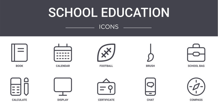 school education concept line icons set. contains icons usable for web, logo, ui/ux such as calendar, brush, calculate, certificate, chat, compass, school bag, football