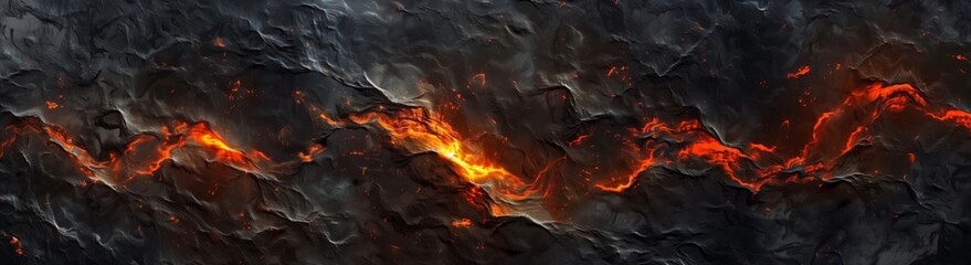 Volcanic Veins Glowing Lava Cracks in Charred Terrain Panorama - obrazy, fototapety, plakaty