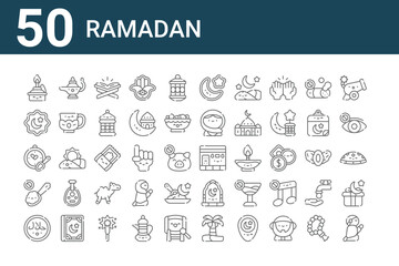 set of 50 ramadan icons. outline thin line icons such as prayer, halal, no eating, time to eat, rub el hizb, oil lamp, kaaba - obrazy, fototapety, plakaty