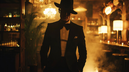 A sleek black tuxedo suit with a widelegged pants and a cropped blazer paired with a long cigarette holder and a fedora hat. The background is a secret speakeasy with dim - obrazy, fototapety, plakaty