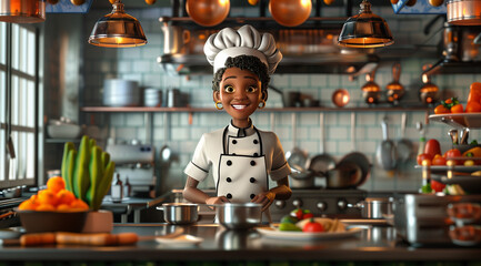  A 3D cartoon illustration of a black female chef in a kitchen, expertly preparing vegetables with hyper-realistic details and vibrant colors, showcasing womancore aesthetics and texture-rich elements