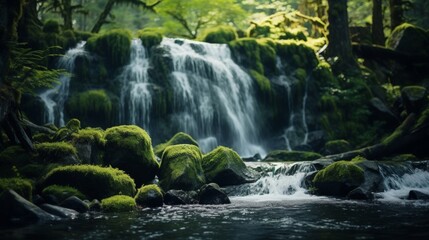 A waterfall flowing over boulders covered with moss