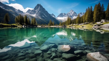 Alpine lake with clear water and snowy peaks