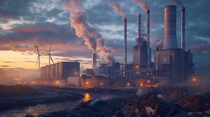 Clean energy recycling plant with wind turbines in the background at the break of dawn - obrazy, fototapety, plakaty