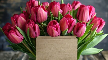 Lush bouquet of deep magenta tulips cradling an empty greeting card