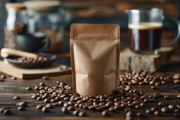 Premium coffee bag on display with a backdrop of brewed coffee in a glass cup and coffee beans on a wooden surface.