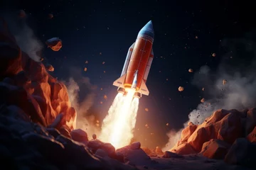 Zelfklevend Fotobehang Thrilling Startup rocket in space. Ship planet moon. Generate Ai © juliars