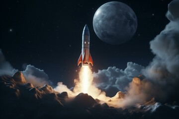 Rocket taking off moon. Galaxy mission of future ship. Generate Ai