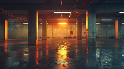 Industrial basement carpark with dramatic lighting and long shadows - obrazy, fototapety, plakaty