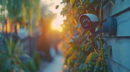 Outdoor security system with a detailed view of the camera, serene dusk lighting