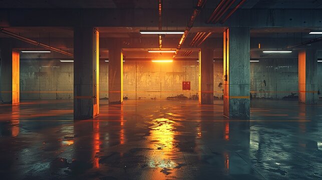 Industrial basement carpark with dramatic lighting and long shadows