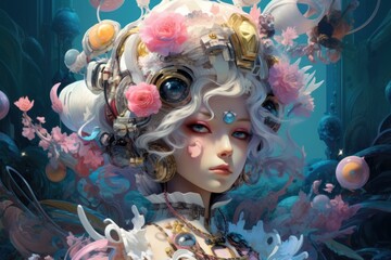 Woman in rococo futurism whimsical style. Extravagant stylish lady with wavy colorful hairdo. Generate ai