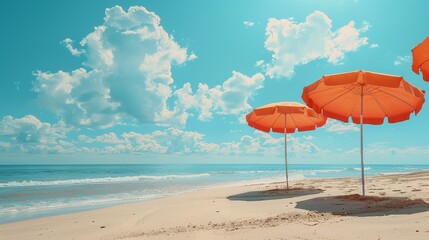 Lively tropical beach scene with vibrant orange umbrellas and azure sky, midday sun