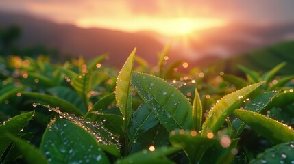 Naklejka premium Morning dew on vibrant green tea leaves at sunrise with distant hills
