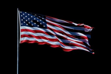 Obraz premium Isolated American flag with stars and stripes waving in wind on pole against black background. AI Generated 