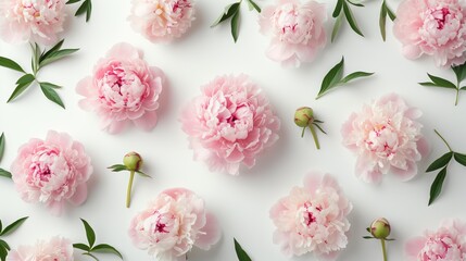 beautiful pink blooming peonies with green leaves on a white background