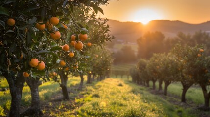 Golden Sunset Over Lush Orange Grove with Ripe Fruits