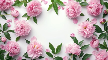 Fototapeta na wymiar beautiful pink blooming peonies with green leaves on a white background with copy space