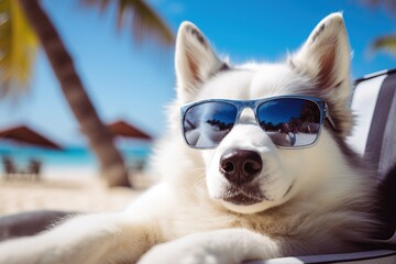 Portrait of siberian husky dog in sunglasses on the beach